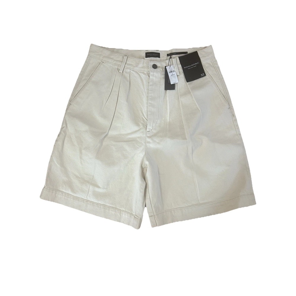 Banana Republic NWT Premium Denim High-Rise Pleated Shorts Off-White Ecru SZ 32